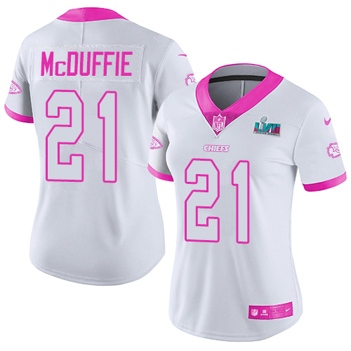 Chiefs #21 Trent McDuffie White/Pink Super Bowl LVII Patch Women's Stitched Limited Rush Fashion Jersey