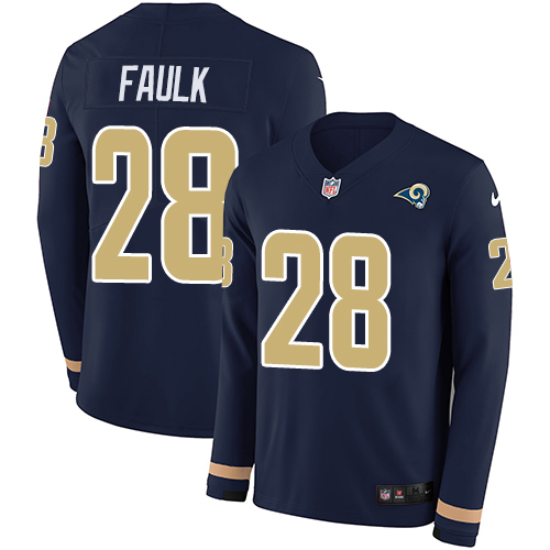Los Angeles Rams #28 Marshall Faulk Navy Blue Team Color Men's Stitched Limited Therma Long Sleeve Jersey Men's
