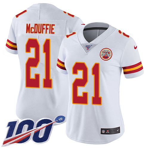 Chiefs #21 Trent McDuffie White Women's Stitched 100th Season Vapor Limited Jersey