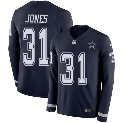 Dallas Cowboys #31 Byron Jones Navy Blue Team Color Men's Stitched Limited Therma Long Sleeve Jersey Men's