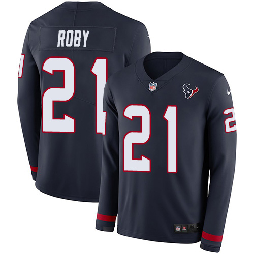 Houston Texans #21 Bradley Roby Navy Blue Team Color Men's Stitched Limited Therma Long Sleeve Jersey Men's