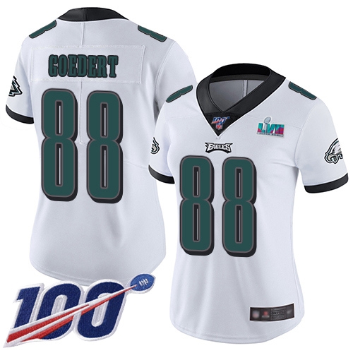 Eagles #88 Dallas Goedert White Super Bowl LVII Patch Women's Stitched 100th Season Vapor Limited Jersey