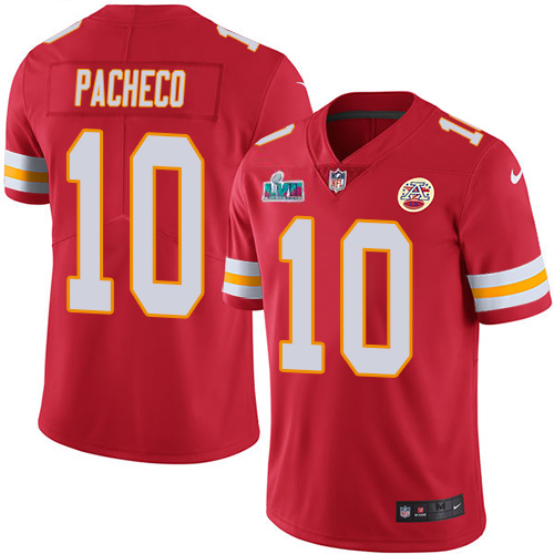 Chiefs #10 Isiah Pacheco Red Team Color Super Bowl LVII Patch Men's Stitched Vapor Untouchable Limited Jersey