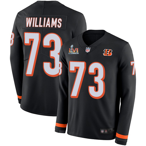 Cincinnati Bengals #73 Jonah Williams Black Team Color Super Bowl LVI Patch Men's Stitched Limited Therma Long Sleeve Jersey Men's