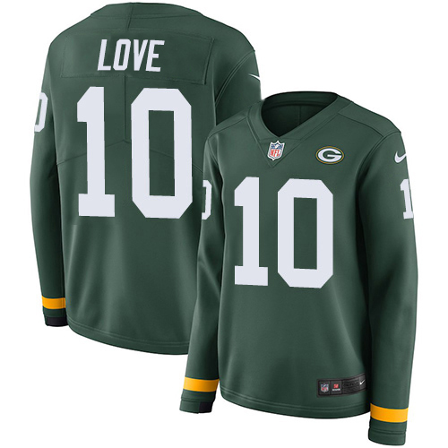 Packers #10 Jordan Love Green Team Color Women's Stitched Limited Therma Long Sleeve Jersey