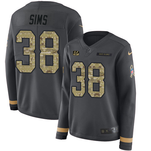 Cincinnati Bengals #38 LeShaun Sims Anthracite Salute to Service Women's Stitched Limited Therma Long Sleeve Jersey Womens