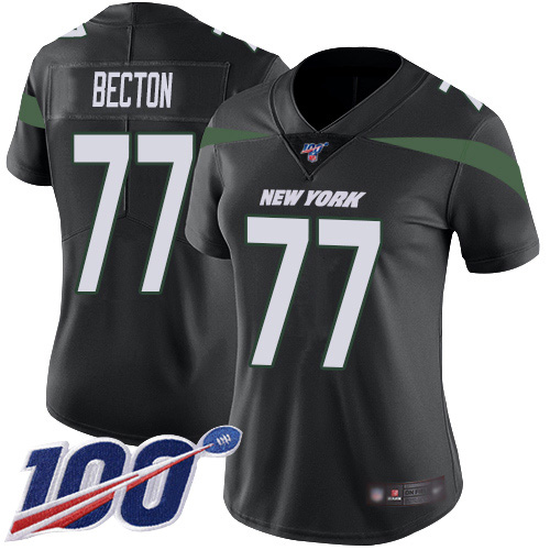 New York Jets #77 Mekhi Becton Black Alternate Women's Stitched 100th Season Vapor Untouchable Limited Jersey Womens