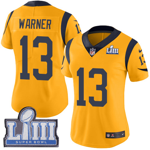Los Angeles Rams #13 Kurt Warner Gold Super Bowl LIII Bound Women's Stitched Limited Rush Jersey Womens
