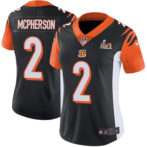 Bengals #2 Evan McPherson Black Team Color Super Bowl LVI Patch Women's Stitched Vapor Untouchable Limited Jersey