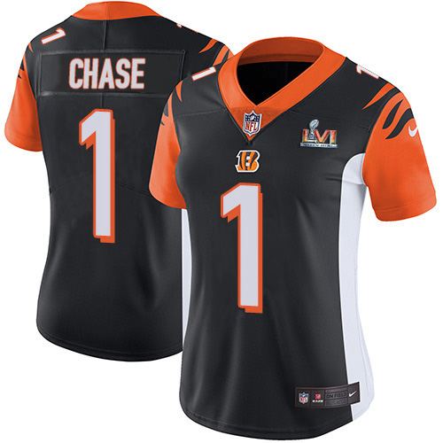 Bengals #1 Ja'Marr Chase Black Team Color Super Bowl LVI Patch Women's Stitched Vapor Untouchable Limited Jersey