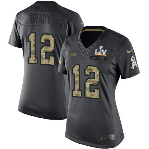 Buccaneers #12 Tom Brady Black Women's Super Bowl LV Bound Stitched Limited 2016 Salute To Service Jersey