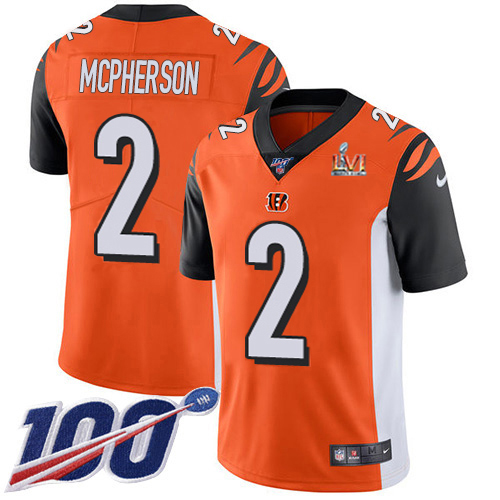 Bengals #2 Evan McPherson Orange Super Bowl LVI Patch Alternate Youth Stitched 100th Season Vapor Limited Jersey