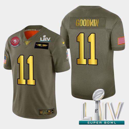 San Francisco 49ers #11 Marquise Goodwin Men's Olive Gold Super Bowl LIV 2020 2019 Salute to Service 100 Limited Jersey Men's