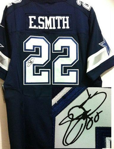 Cowboys #22 Emmitt Smith Navy Blue Team Color Men's Stitched Elite Autographed Jersey