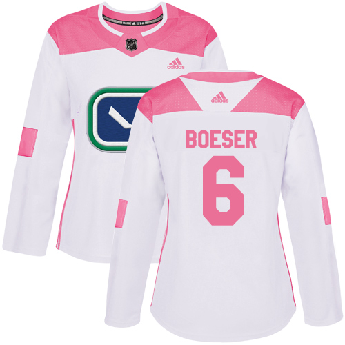 Adidas Vancouver Canucks #6 Brock Boeser White/Pink Authentic Fashion Women's Stitched Jersey Womens
