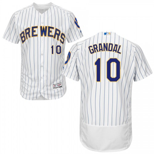Milwaukee Milwaukee Brewers #10 Yasmani Grandal White Royal Flex Base Authentic Stitched Jersey Men's