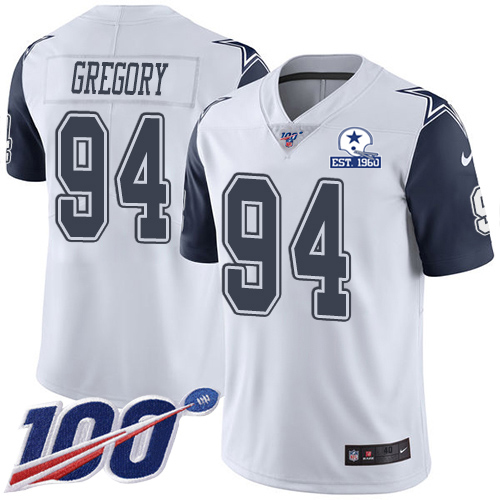 Dallas Cowboys #94 Randy Gregory White Men's Stitched With Established In 1960 Patch Limited Rush 100th Season Jersey Men's