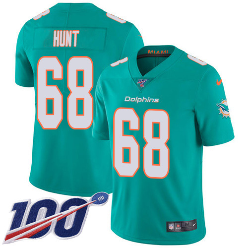 Miami Dolphins #68 Robert Hunt Aqua Green Team Color Men's Stitched 100th Season Vapor Untouchable Limited Jersey Men's