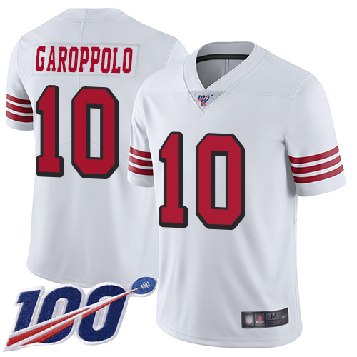 49ers #10 Jimmy Garoppolo White Rush Youth Stitched Limited 100th Season Jersey