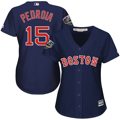 Boston Red Sox #15 Dustin Pedroia Navy Blue Alternate 2018 World Series Women's Stitched Jersey Womens