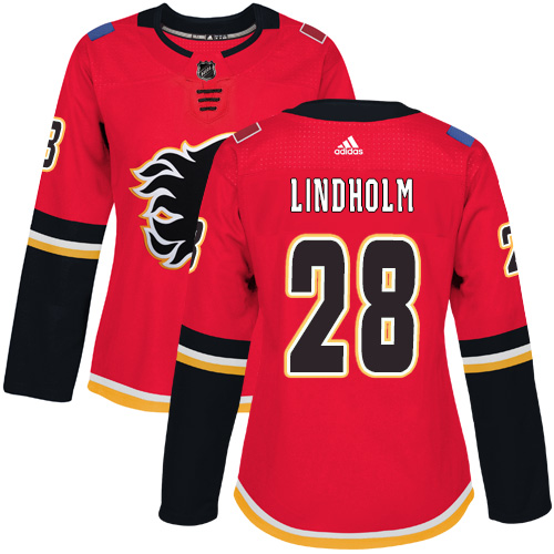 Adidas Calgary Flames #28 Elias Lindholm Red Home Authentic Women's Stitched Jersey Womens