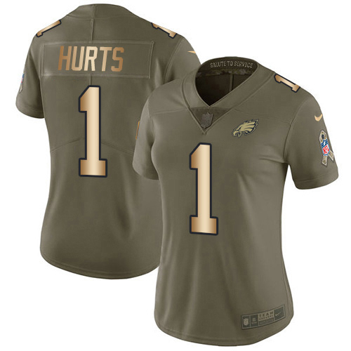 Eagles #1 Jalen Hurts Olive/Gold Women's Stitched Limited 2017 Salute To Service Jersey