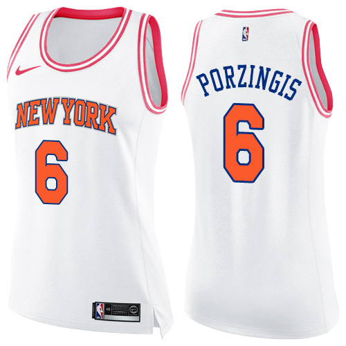 New York Knicks #6 Kristaps Porzingis White/Pink Womens Swingman Fashion Jersey Womens
