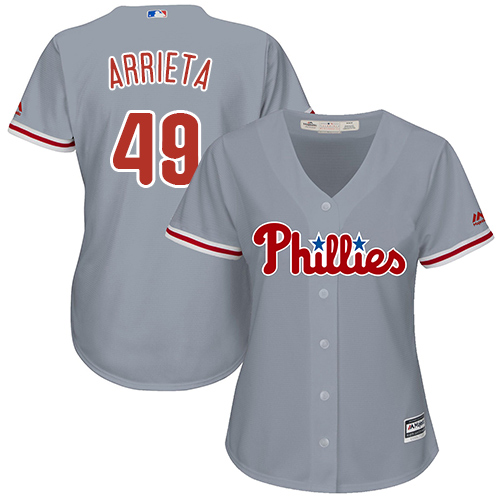Philadelphia Phillies #49 Jake Arrieta Grey Road Women's Stitched Jersey Womens