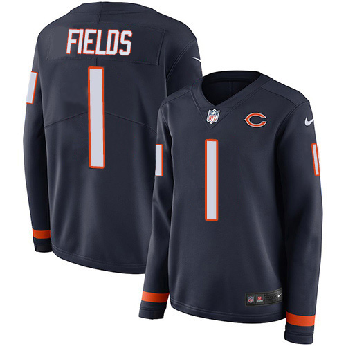 Bears #1 Justin Fields Navy Blue Team Color Women's Stitched Limited Therma Long Sleeve Jersey