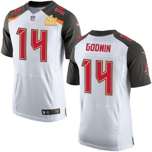 Buccaneers #14 Chris Godwin White Men's Super Bowl LV Champions Patch Stitched New Elite Jersey