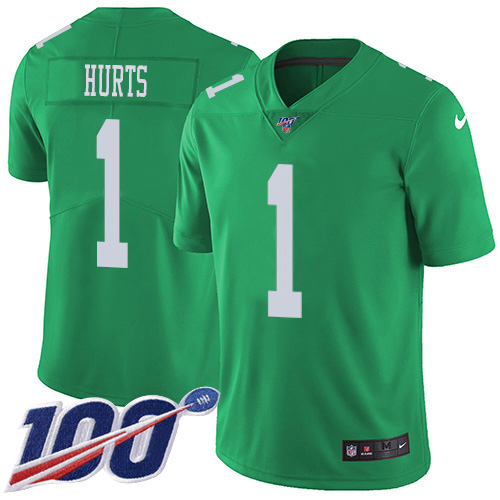 Eagles #1 Jalen Hurts Green Men's Stitched Limited Rush 100th Season Jersey