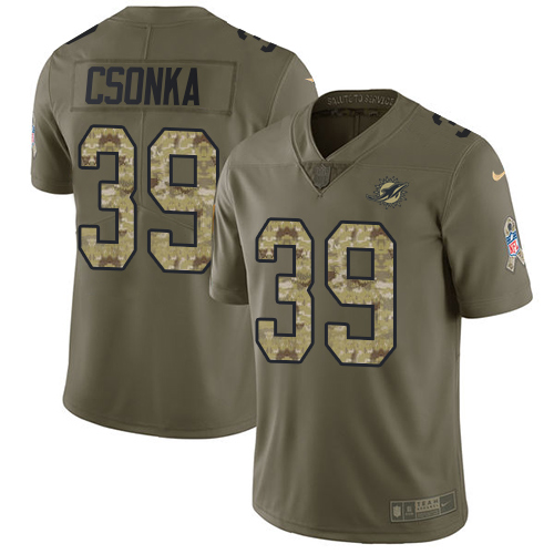 Miami Dolphins #39 Larry Csonka Olive/Camo Men's Stitched Limited 2017 Salute To Service Jersey Men's