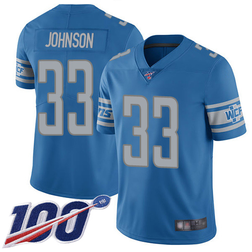 Detroit Lions #33 Kerryon Johnson Blue Team Color Youth Stitched 100th Season Vapor Limited Jersey Youth