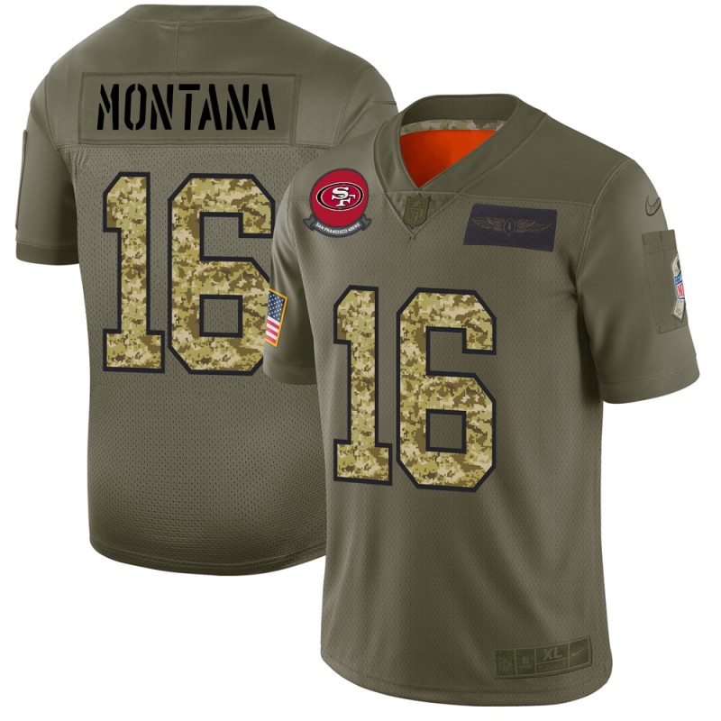 San Francisco 49ers #16 Joe Montana Men's 2019 Olive Camo Salute To Service Limited Jersey