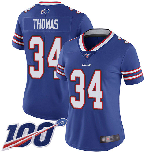 Buffalo Bills #34 Thurman Thomas Royal Blue Team Color Women's Stitched 100th Season Vapor Limited Jersey Womens