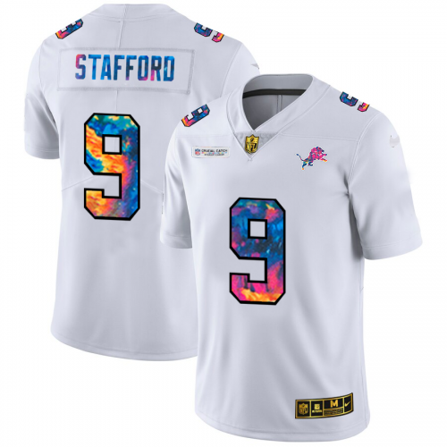 Detroit Detroit Lions #9 Matthew Stafford Men's White Multi-Color 2020 Crucial Catch Limited Jersey Men's