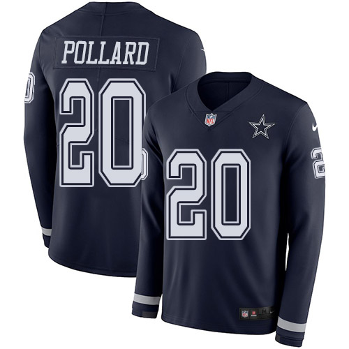 Men's Cowboys #20 Tony Pollard Navy Blue Team Color Men's Stitched Limited Therma Long Sleeve Jersey
