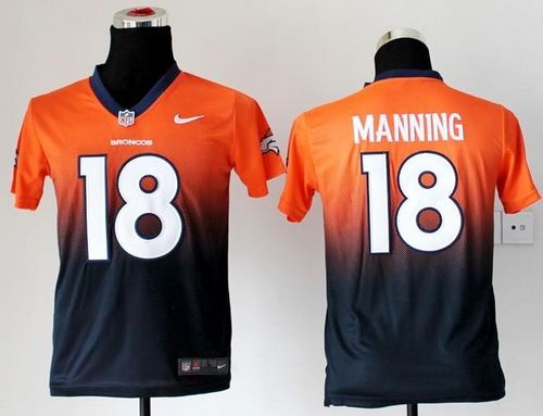 Broncos #18 Peyton Manning Orange/Blue Youth Stitched Elite Fadeaway Fashion Jersey