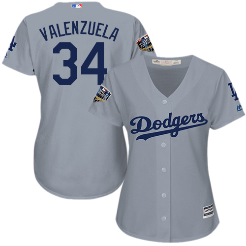 Los Angeles Dodgers #34 Fernando Valenzuela Grey Alternate Road 2018 World Series Women's Stitched Jersey Womens