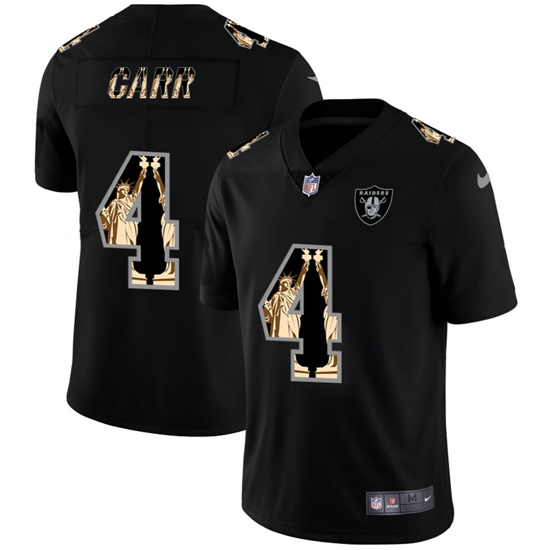 Las Vegas Raiders #4 Derek Carr Carbon Black Vapor Statue Of Liberty Limited Jersey