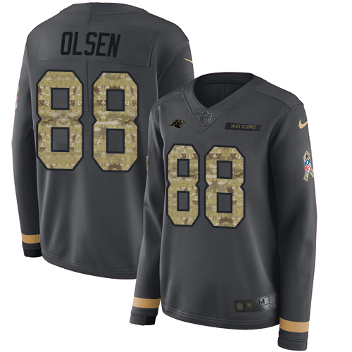 Carolina Panthers #88 Greg Olsen Anthracite Salute to Service Women's Stitched Limited Therma Long Sleeve Jersey Womens