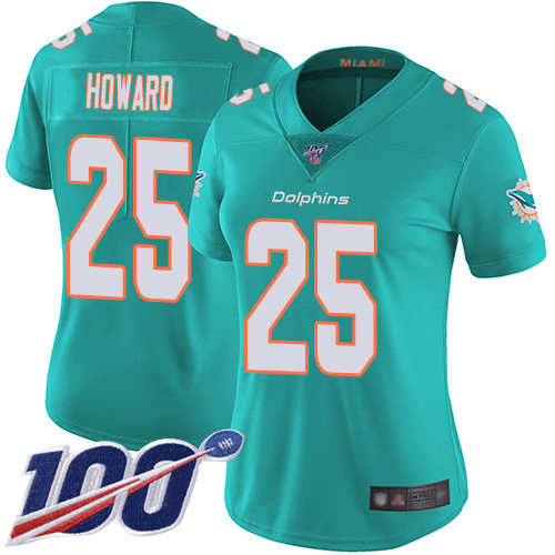 Miami Dolphins #25 Xavien Howard Aqua Green Team Color Women's Stitched 100th Season Vapor Limited Jersey Womens