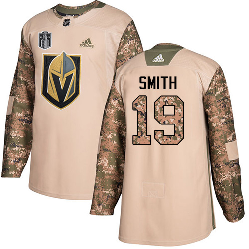 Adidas Golden Knights #19 Reilly Smith Camo Authentic Youth 2023 Stanley Cup Final Patch Veterans Day Stitched Jersey