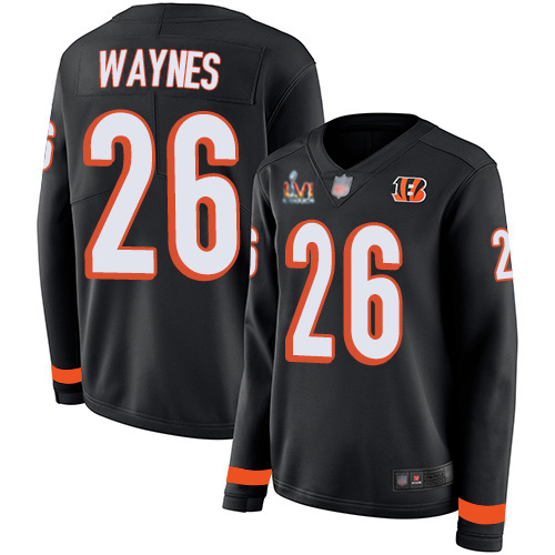 Cincinnati Bengals #26 Trae Waynes Black Team Color Super Bowl LVI Patch Women's Stitched Limited Therma Long Sleeve Jersey Womens