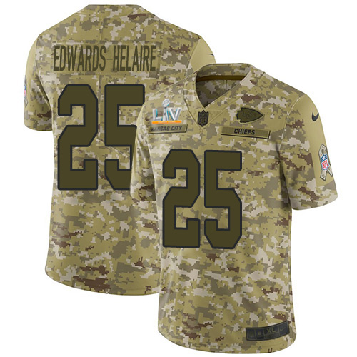 Chiefs #25 Clyde Edwards-Helaire Camo Youth Super Bowl LV Bound Stitched Limited 2018 Salute To Service Jersey
