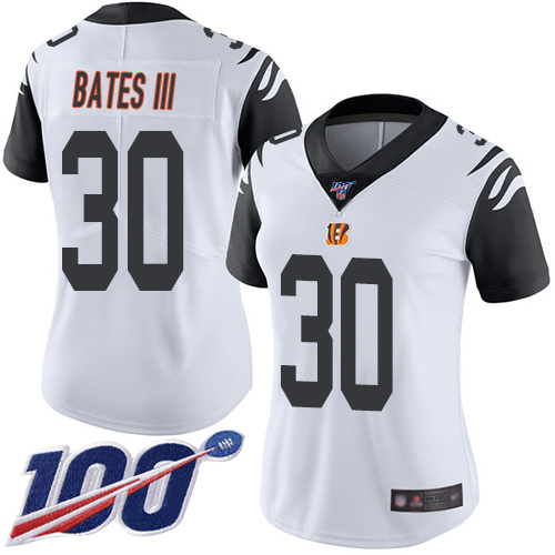 Bengals #30 Jessie Bates III White Women's Stitched Limited Rush 100th Season Jersey