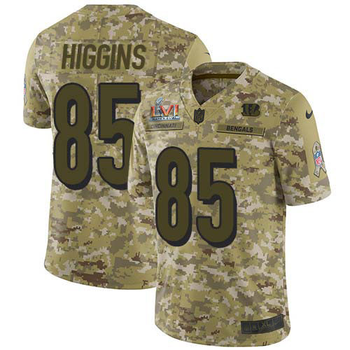 Bengals #85 Tee Higgins Camo Super Bowl LVI Patch Men's Stitched Limited 2018 Salute To Service Jersey