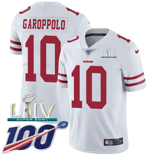 49ers #10 Jimmy Garoppolo White Super Bowl LIV 2020 Men's Stitched 100th Season Vapor Limited Jersey