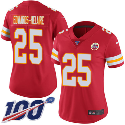 Chiefs #25 Clyde Edwards-Helaire Red Team Color Women's Stitched 100th Season Vapor Untouchable Limited Jersey