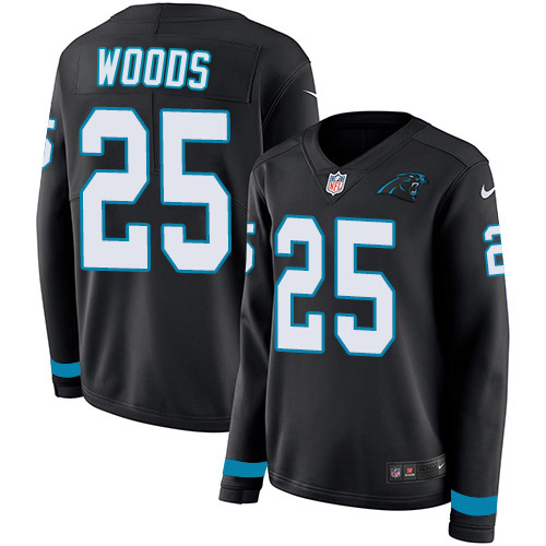 Panthers #25 Xavier Woods Black Team Color Women's Stitched Limited Therma Long Sleeve Jersey